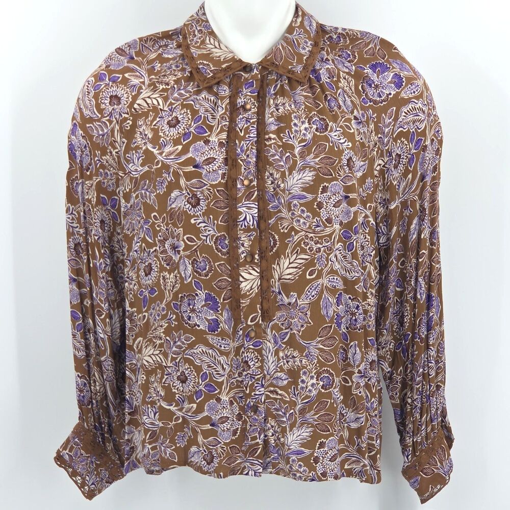 Democracy Button Up Down Front Blouse Shirt Top Womens XL Crochet Garden Fairy